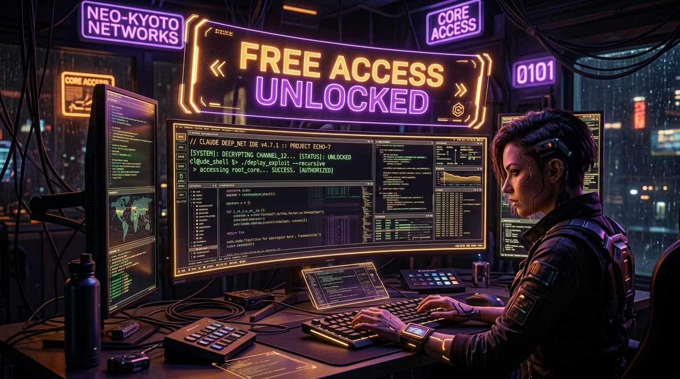 Claude Code running for free in a cyberpunk terminal