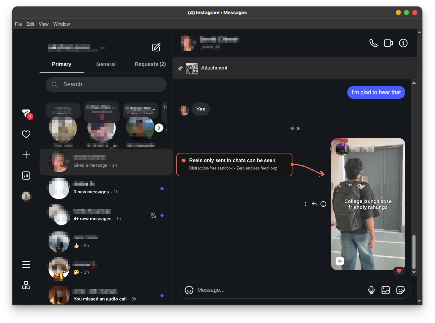 ZenGram distraction-free Instagram client showing messages and creator creation buttons without algorithmic feeds